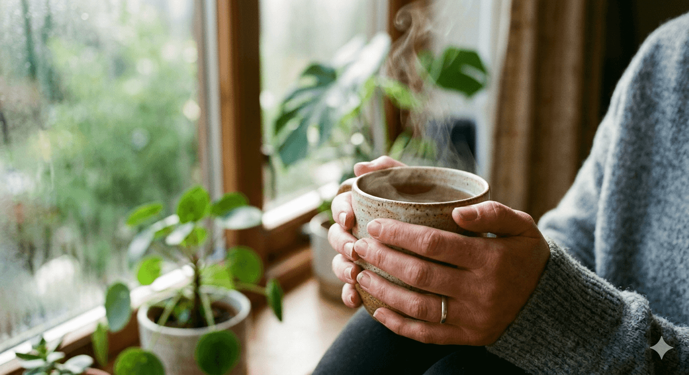 Woman in quiet morning moment — navigating eating and wellbeing with PCOS without restrictive dieting