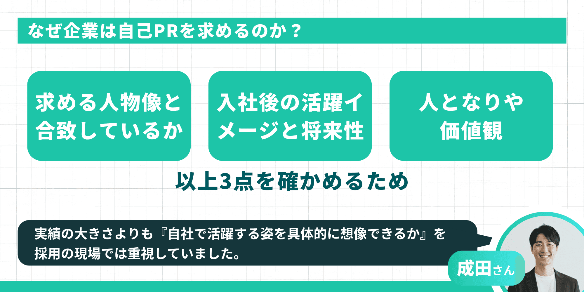 なぜ企業は自己PRを求めるのか?求める人物像との合致・入社後の活躍イメージと将来性・人となりや価値観の3点を確かめるため(成田さんコメント付き)