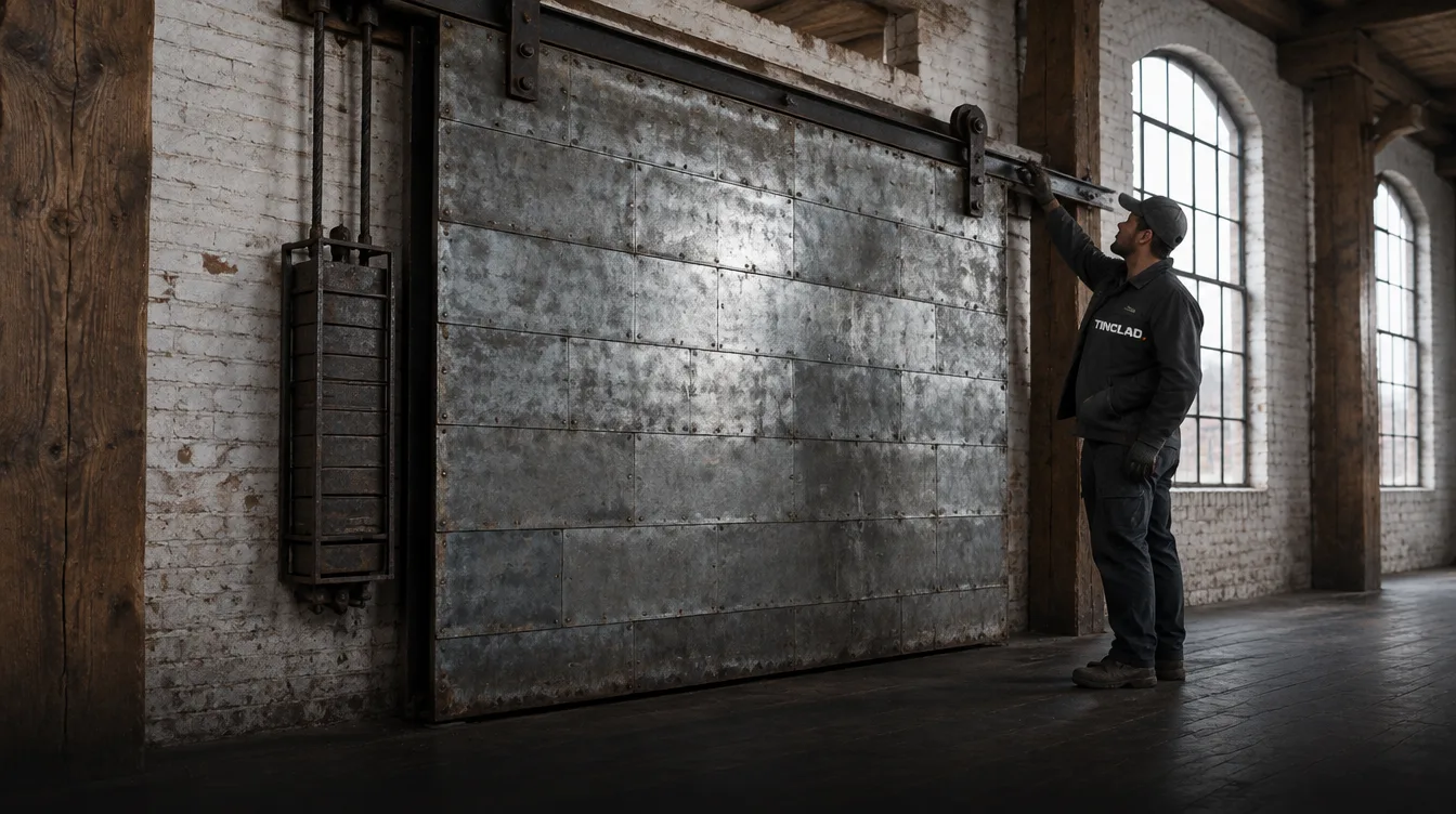Tinclad technician inspecting an old tin-clad sliding fire door