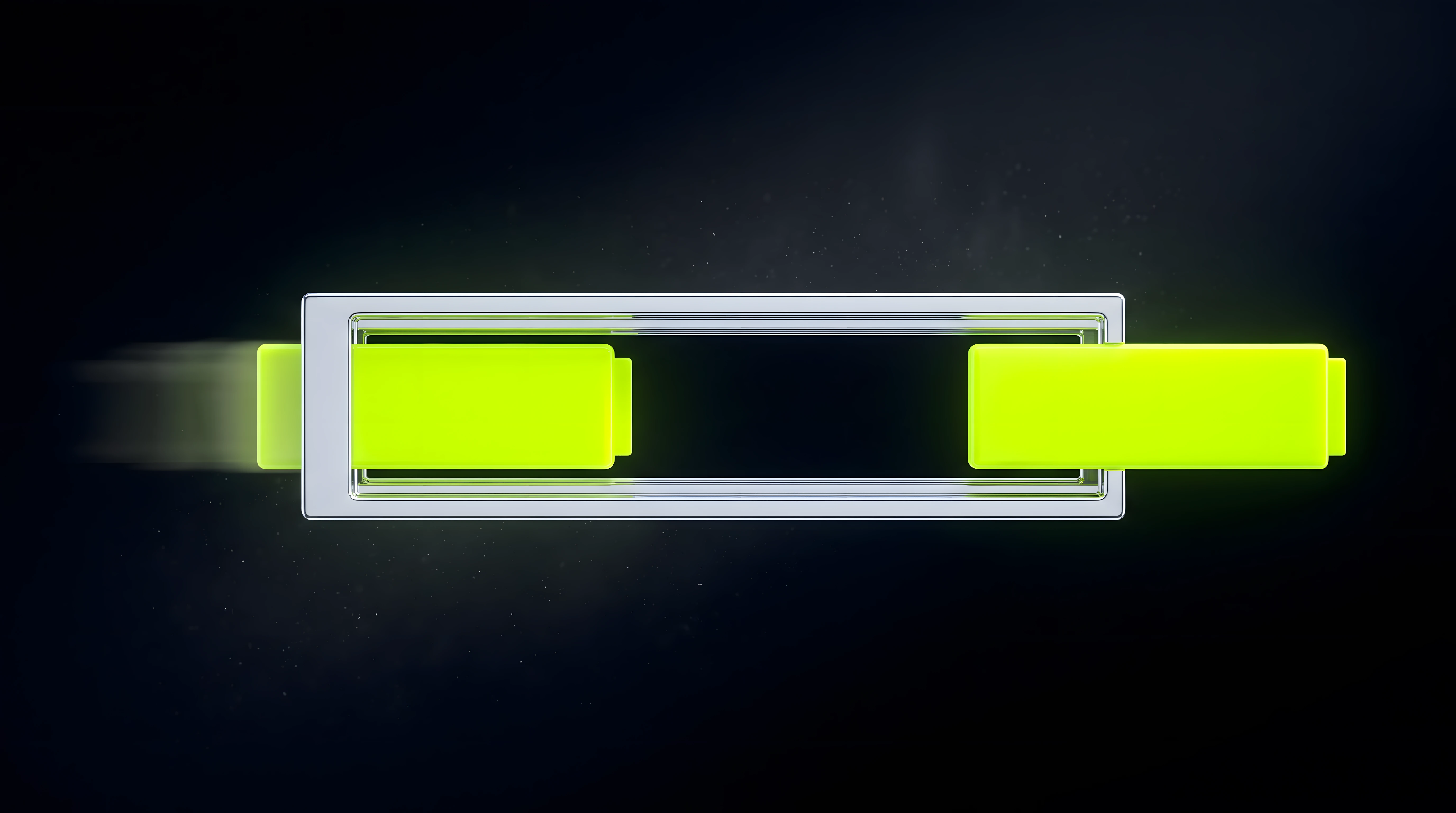 A liquid chrome slot on deep void black with one toxic lime module sliding out and a second sliding in along the same axis, representing an audio file a buyer can swap without touching code.