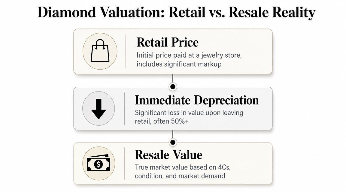 A flow chart illustrating the significant depreciation between initial retail diamond prices and actual resale market value.