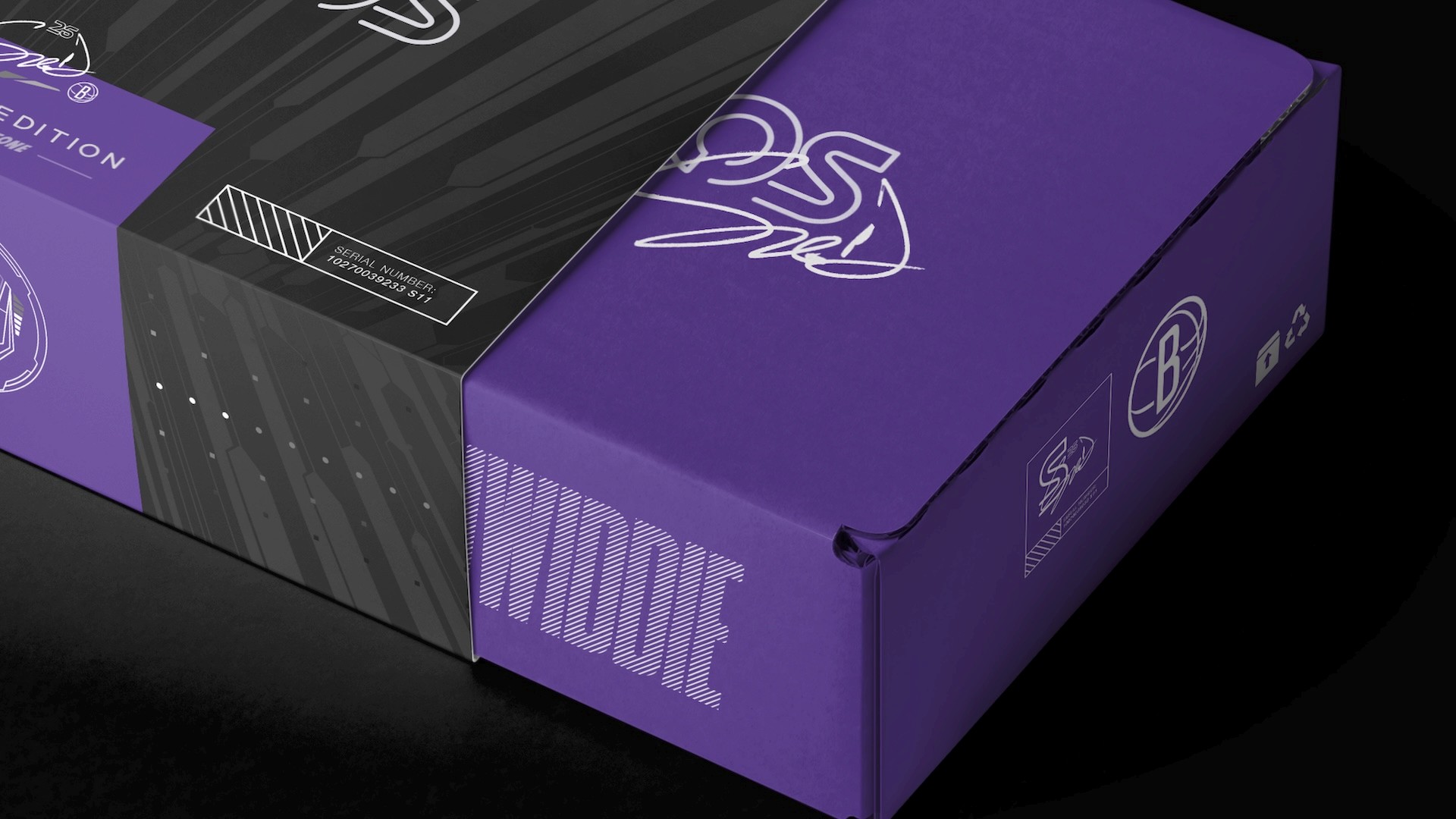 Spencer Dinwiddie K8IROS packaging detail view showing purple drawer sleeve with Dinwiddie name typography and signature badge