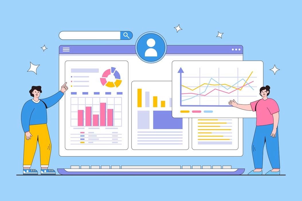 Two marketers presenting bar charts and trend lines on a analytics dashboard, representing influencer campaign performance data