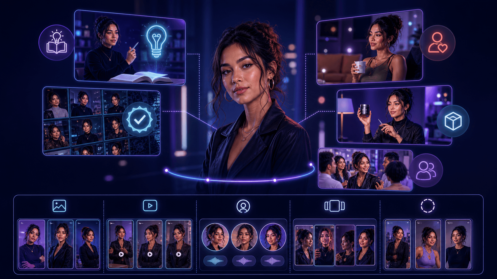 One fictional AI influencer surrounded by five visual content pillars and multiple social media formats.