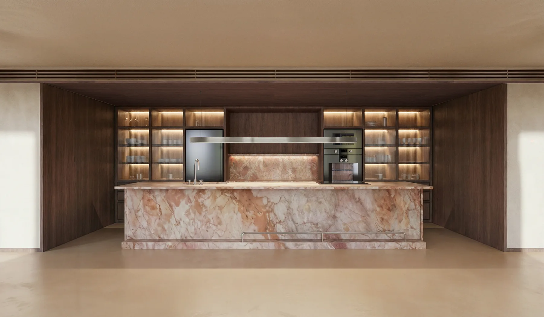 Open-plan kitchen and dining area with warm finishes — riverside apartment CGI