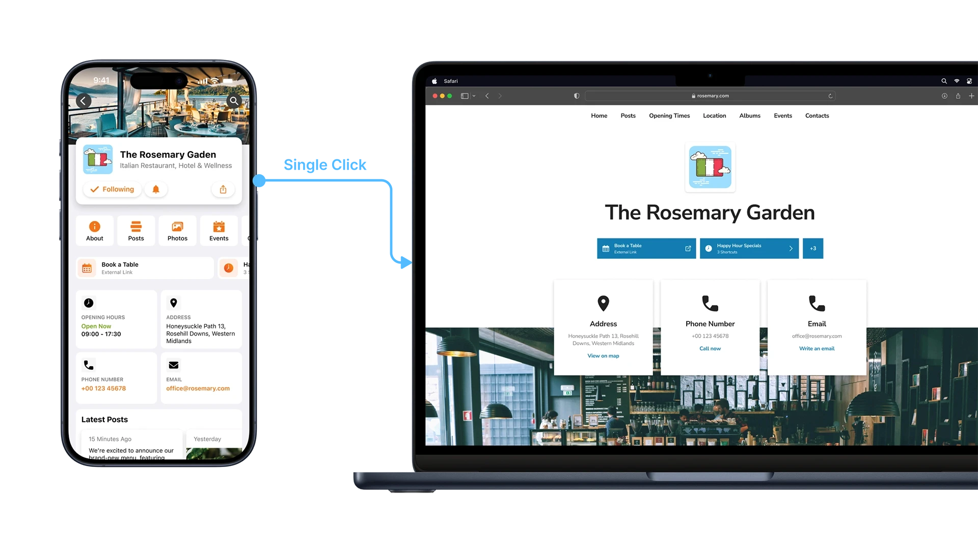 Phone and laptop mockup demonstrating generation of website with a single click.