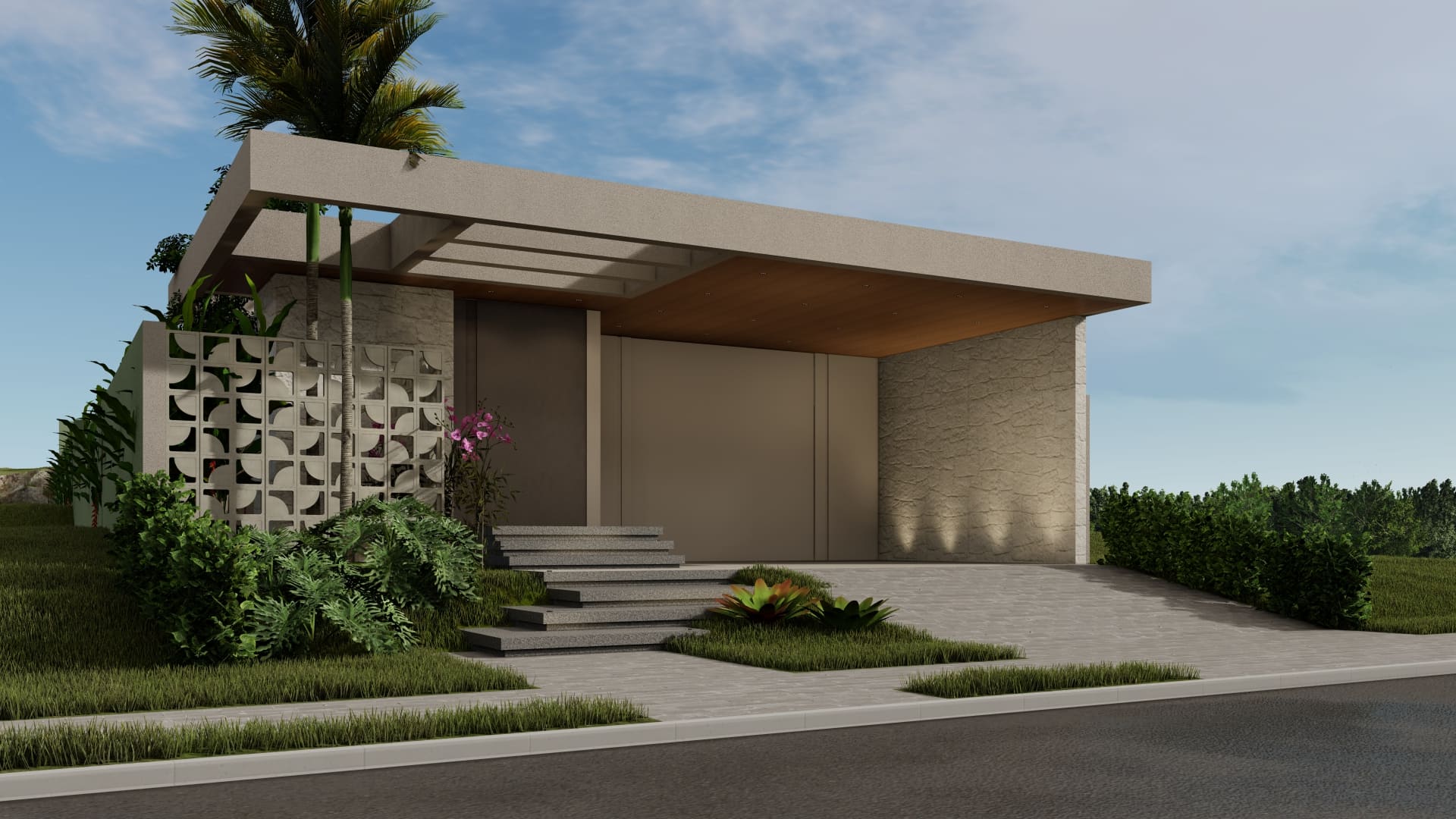 Nesse projeto, o destaque são os cobogós que percorrem a casa, inclusive o corredor. A sombra que eles projetam no piso muda conforme o sol e deixa o ambiente mais aconchegante.  Como complemento, a casa traz materiais naturais como a pedra e a madeira, que equilibram a composição e reforçam a conexão com a natureza.  Para a área gourmet, projetamos uma ilha de mármore, mesa redonda e aberta direto pro jardim, sendo uma área de lazer que se íntegra com a natureza. Inclusive, um detalhe é que a cozinha e o lado de fora dividem o mesmo teto de madeira.