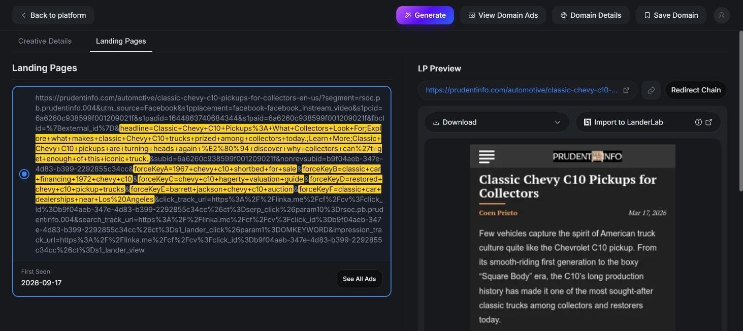 The ad's full landing URL in the Landing Pages tab, with the headline parameter and the six forceKey keyword parameters highlighted