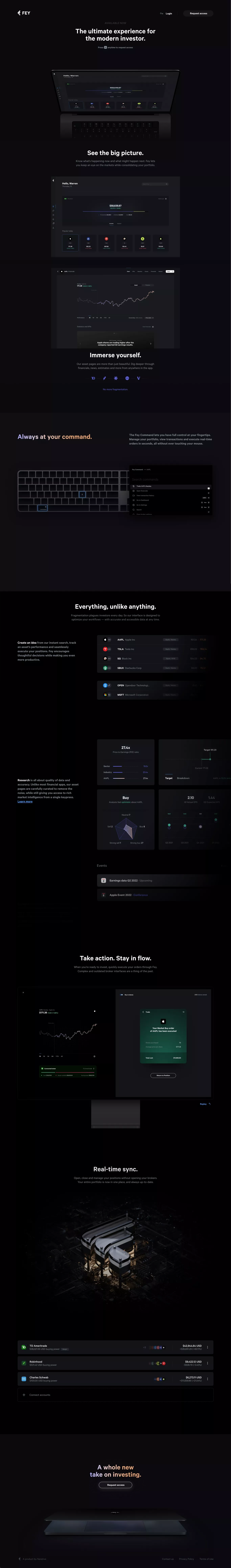 Fey: The ultimate experience for the mod landing page screenshot showcasing Tech and Finance design