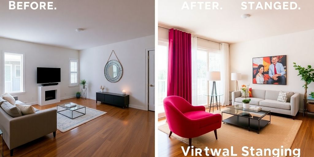 Before and after virtual staging of a room.