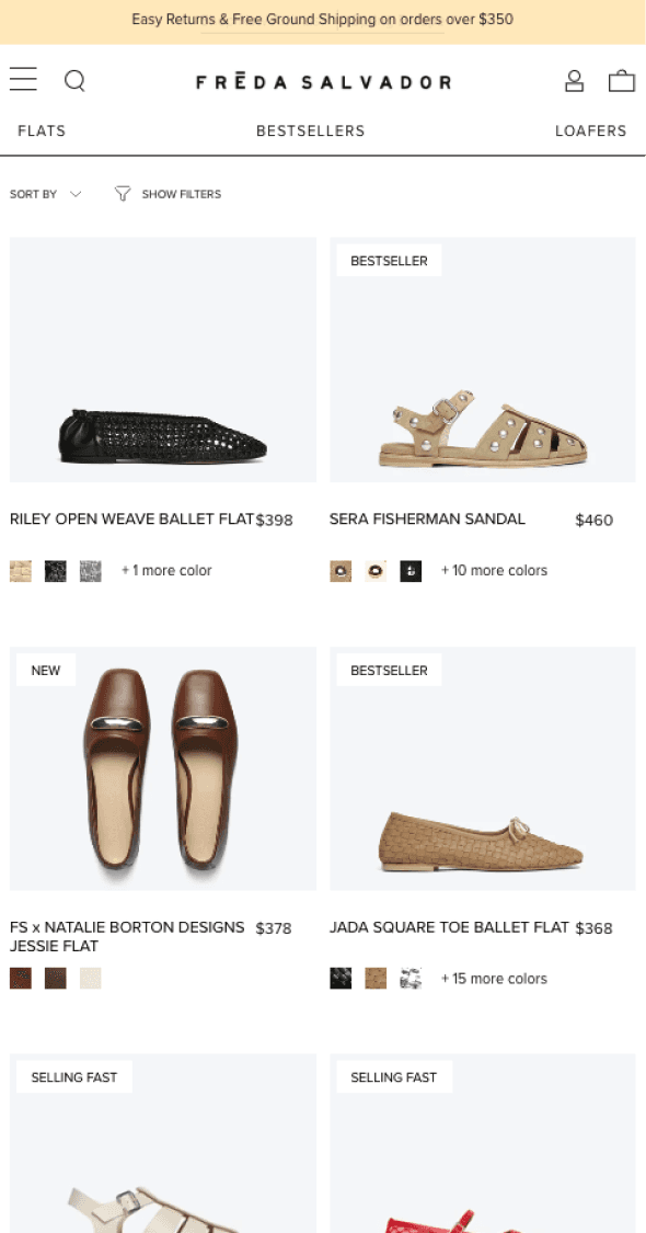 Mobile collection page for Freda Salvador showcasing leather flats and loafers