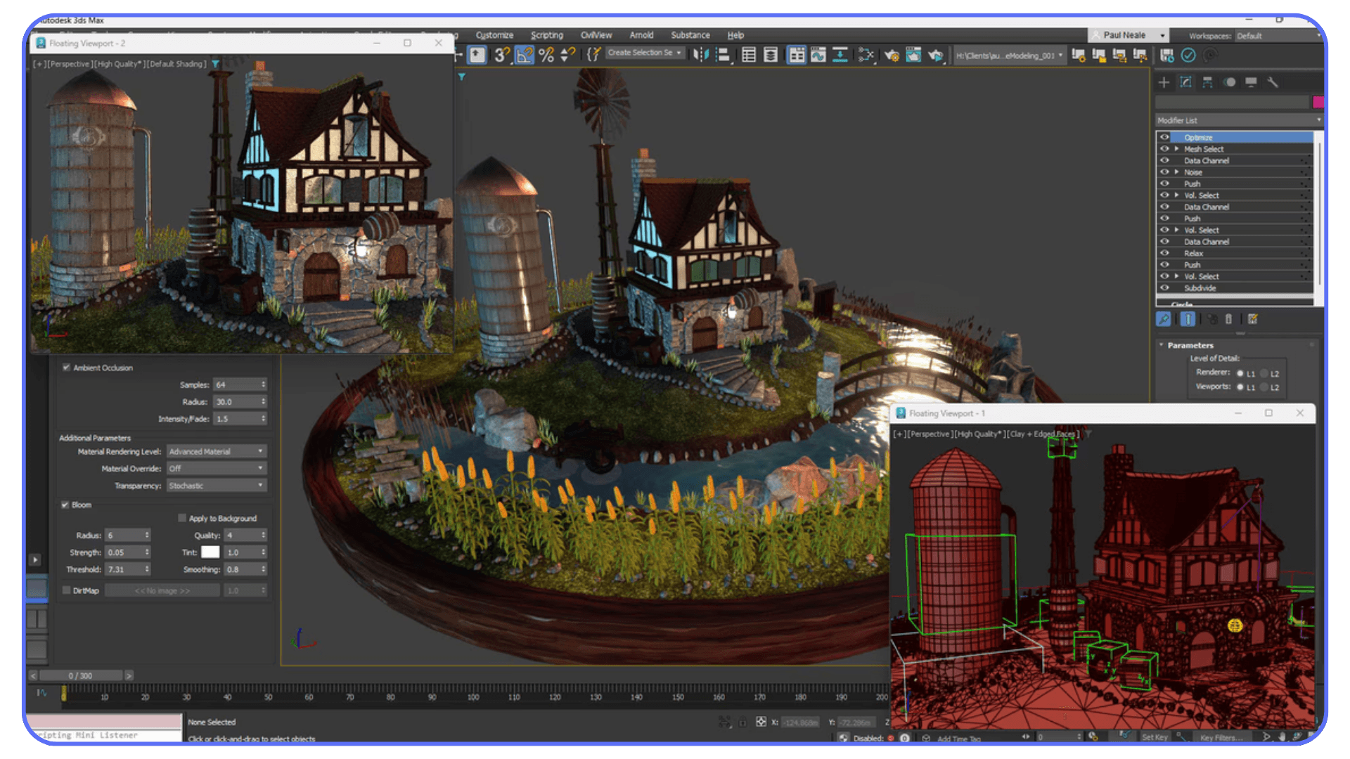 A 3ds Max workspace showing a stylized medieval cottage environment with a silo, windmill, foliage, and stone paths. Multiple viewports are open, including a shaded render and a wireframe preview.