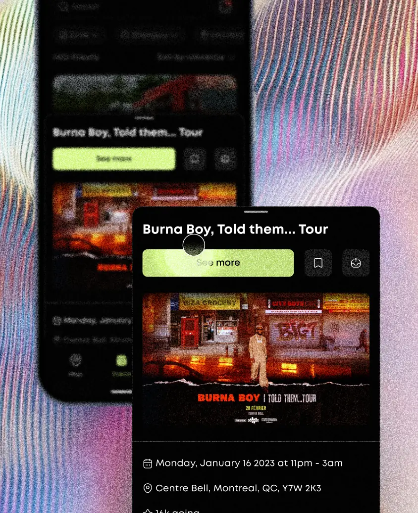 Close up mockups a drawer inside the Roamr app, showing an event hosted on the platform and actions user can take.
