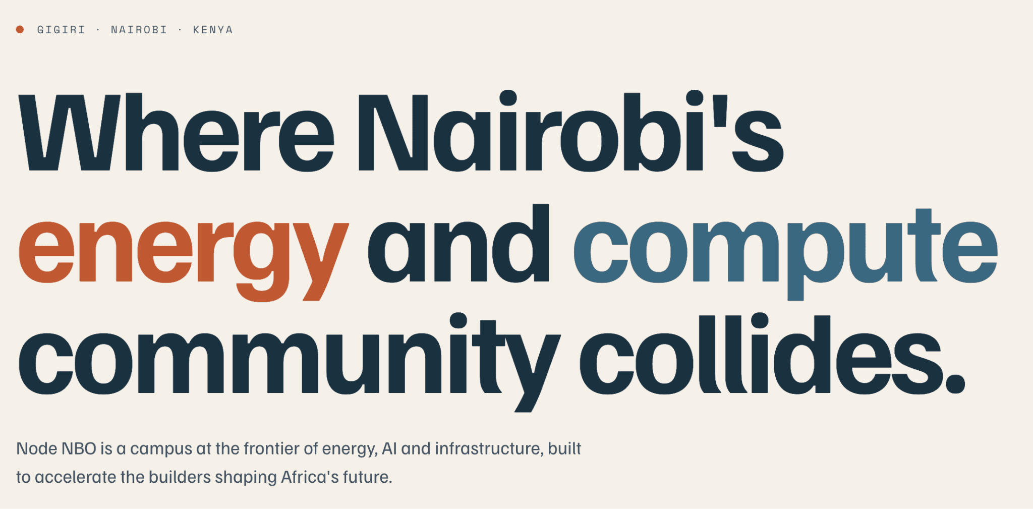 Node NBO homepage showing the tagline "Where Nairobi's energy and compute community collides" with the Gigiri, Nairobi, Kenya location tag