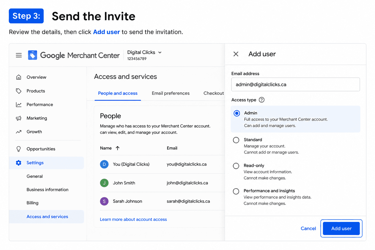 This slide shows Step 3: Send the Invite. The Google Merchant Center access type panel
