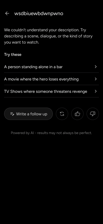An AI feedback screen providing creative search suggestions when a literal text match isn't found