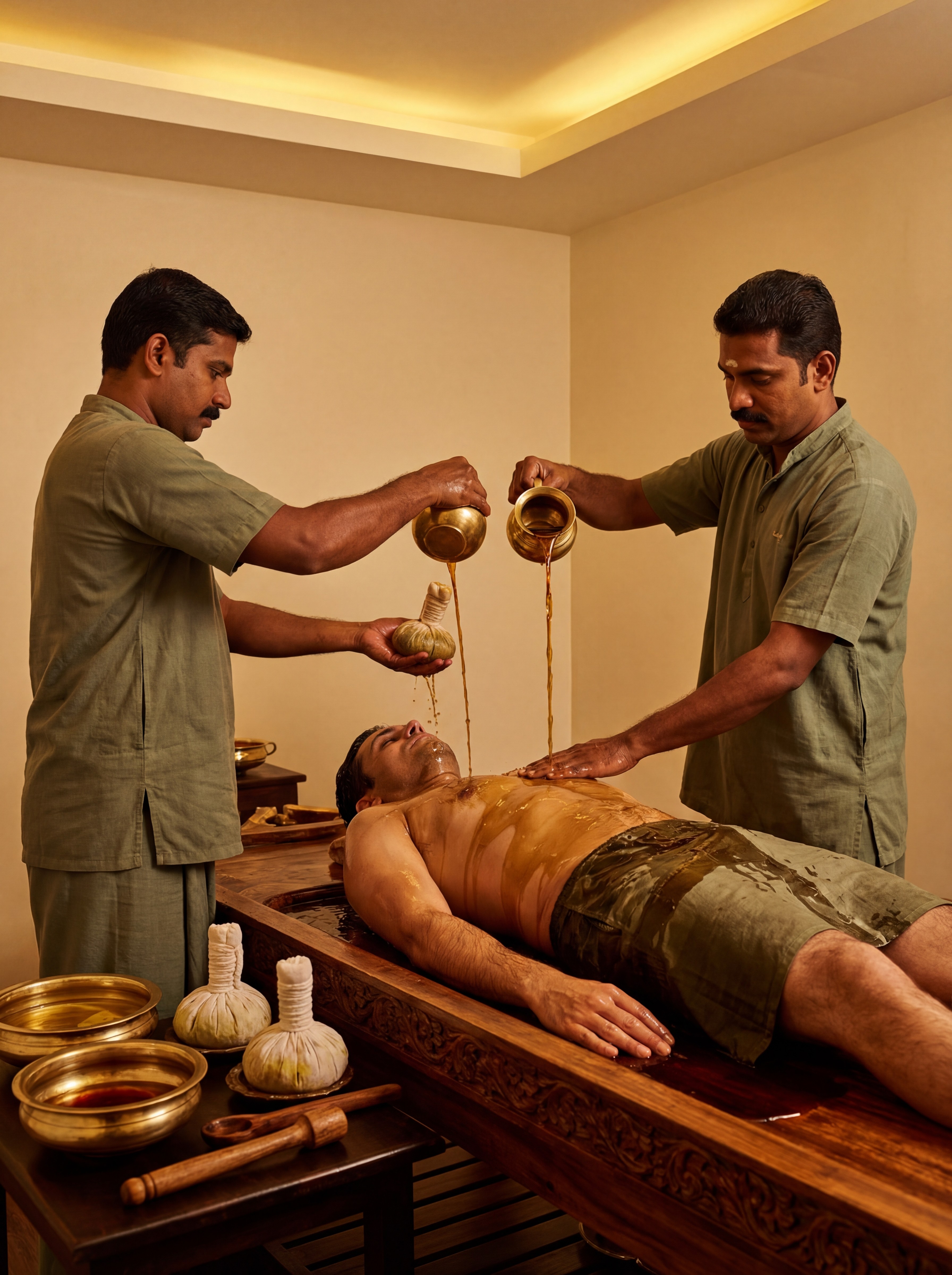 A fully enclosed indoor Ayurvedic therapy room. A male patient lies supine on a traditional Indian wooden pathi receiving classical Pizhichil. Two male Indian Ayurvedic practitioners wearing muted green cotton attire stand on either side of the patient, performing synchronized Pizhichil therapy. Warm medicated herbal oil is continuously poured from cloth bundles or vessels over the patient’s body while both practitioners perform rhythmic, coordinated massage strokes. Oil visibly flows over the skin. Brass oil vessels and cloths are placed nearby. Soft, warm ambient indoor lighting, no windows, no natural light. Atmosphere conveys luxury rejuvenation, strength restoration, and deep nervous system relaxation. Realistic, documentary-style classical Ayurvedic photography.