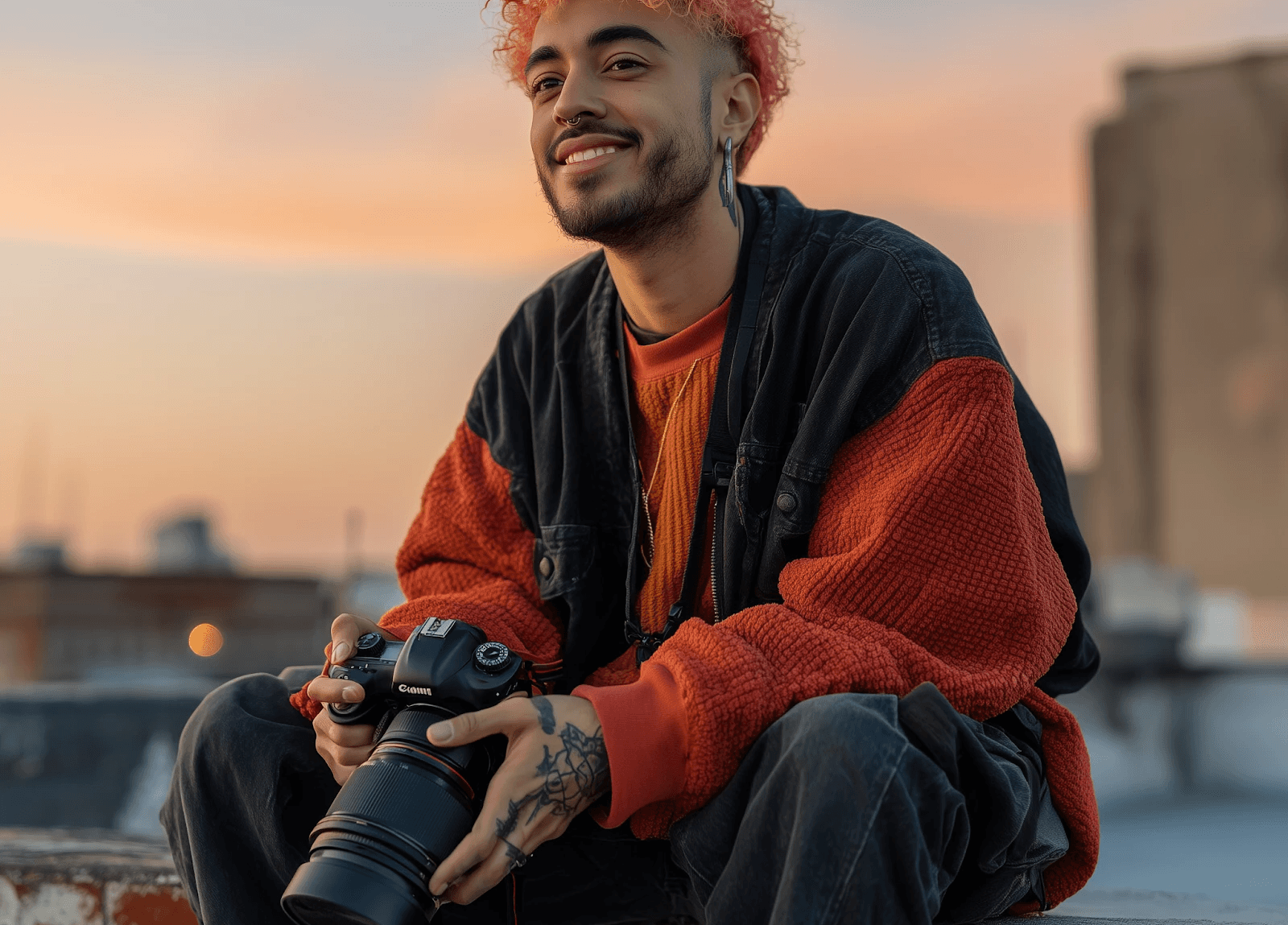 A trendy, well dressed man holding a camera filming content for his business