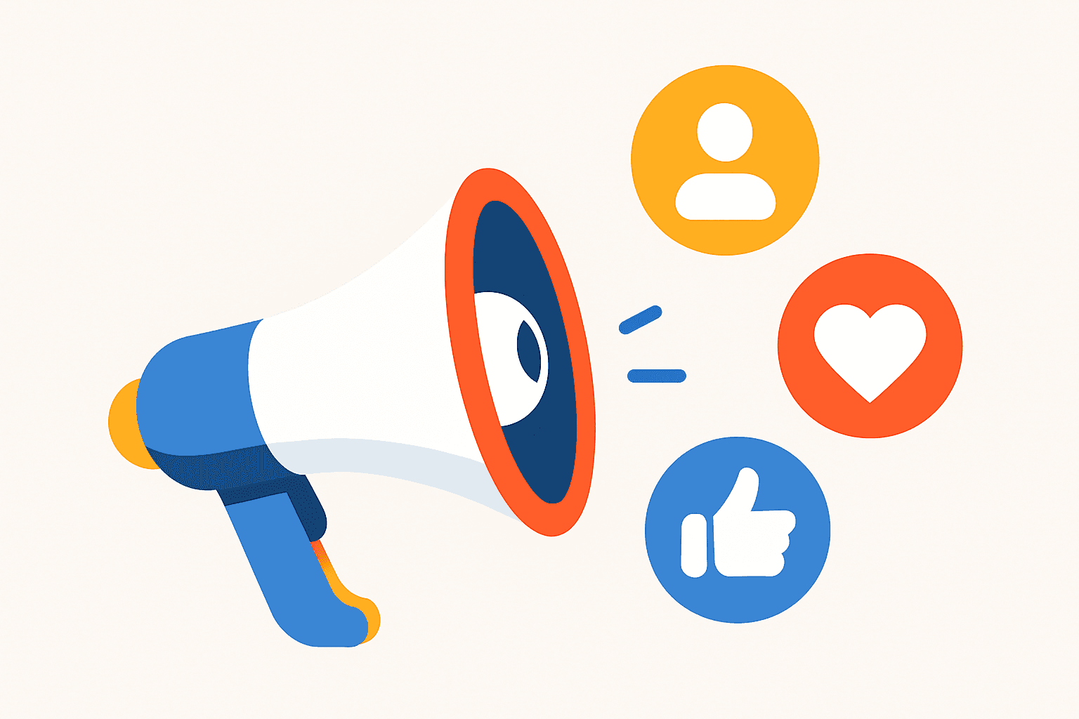 Landscape vector illustration showing a colorful megaphone emitting icons of a person, a heart, and a thumbs-up, symbolizing marketing outreach and positive user engagement.