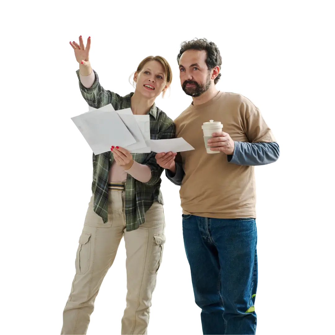 A man and woman stand together against a lavender background, holding papers and a coffee cup as they look upward while planning a home project. This hero image for Whisprice promotes their Temple & Webster price tracker, featuring a notification overlay showing a price drop for a Studio Oak Modular Cube Shelving System in "Natural Oak."