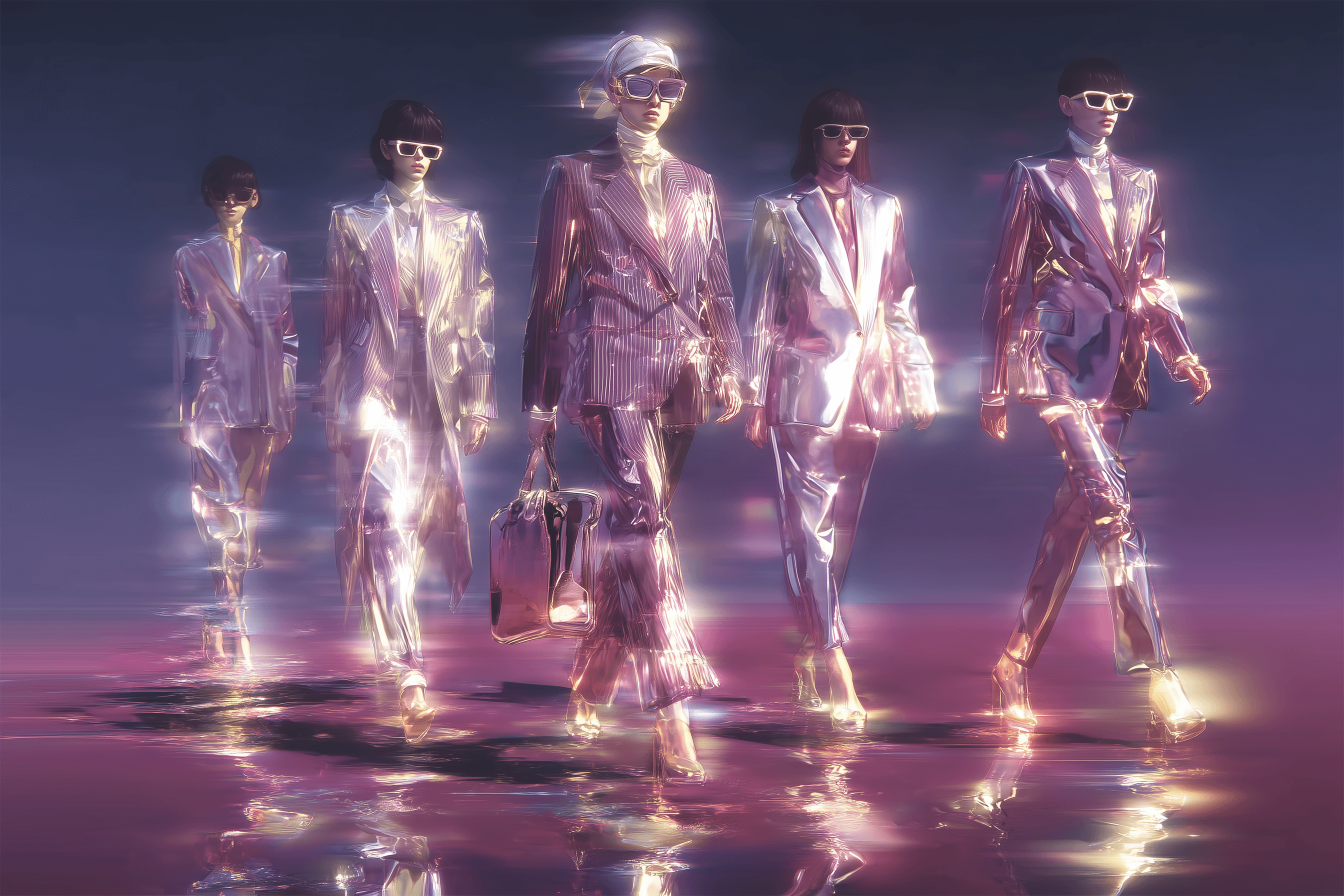 Generated image of imaginary people wearing pink shiny suits and walking like on catwalk