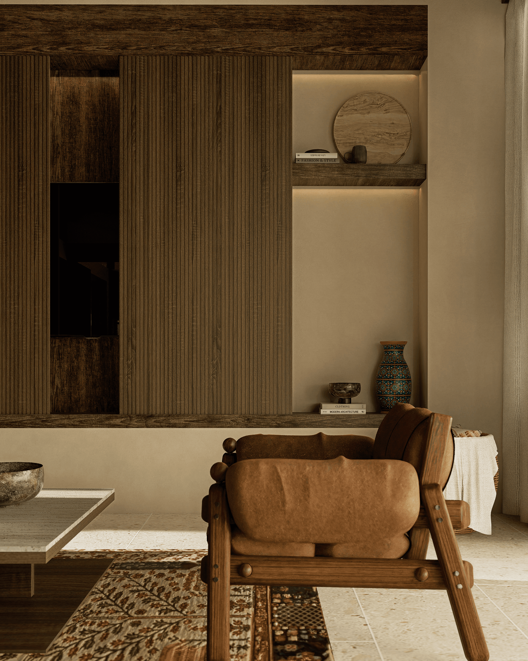 Floor-to-ceiling glazing with courtyard views and timber interior — RA House by Hurtado Arquitectos