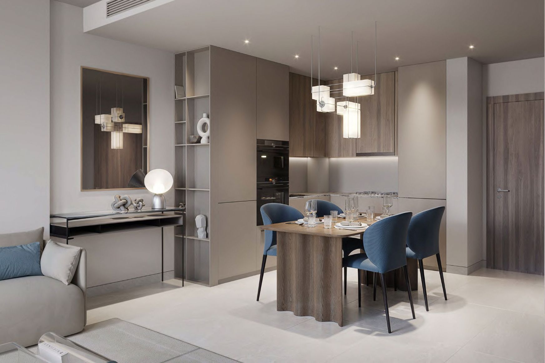 Modern open-plan kitchen and dining area at Tetr1s Tower, perfect for entertaining.