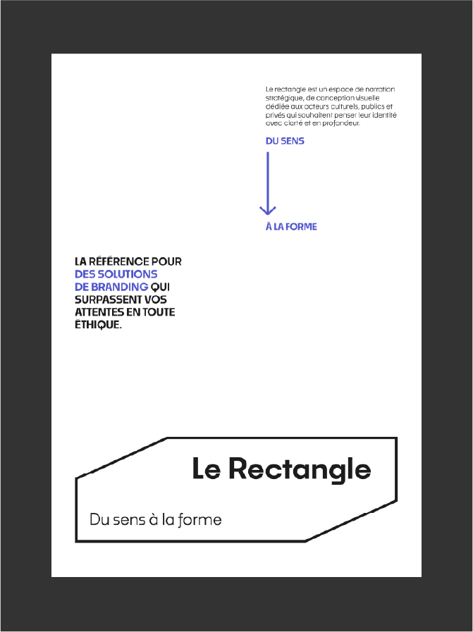 Affiche manifeste Le Rectangle version violette avec texte du sens a la forme et logo dans un cartouche noir.
