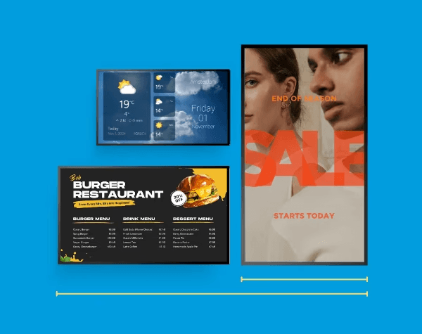 Blue background with four digital signage screens of different sizes.