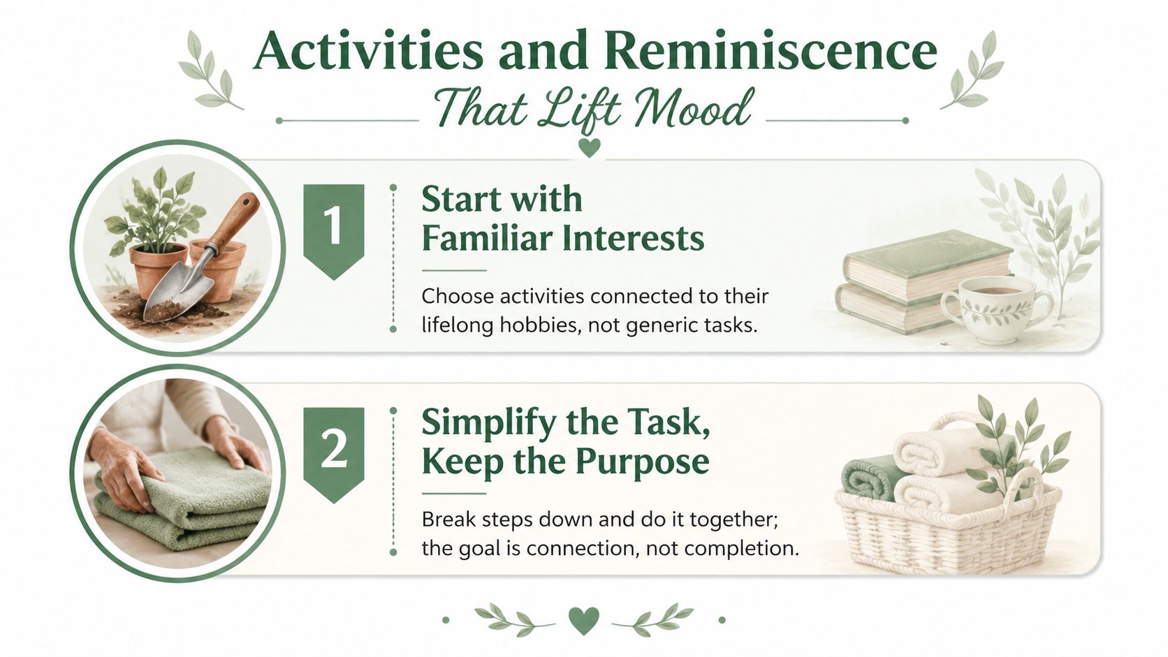 An infographic titled Activities and Reminiscence That Lift Mood offering advice for dementia caregiving strategies.