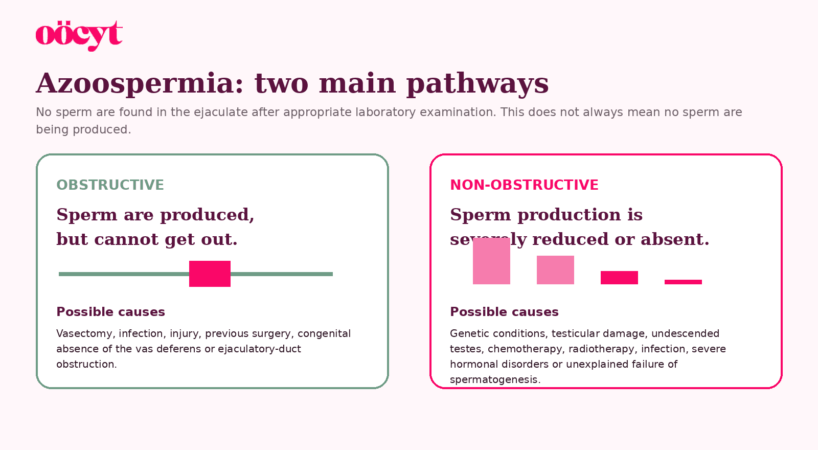 Two panels compare obstructive azoospermia, where sperm are produced but blocked, with non-obstructive azoospermia, where sperm production is severely reduced or absent.