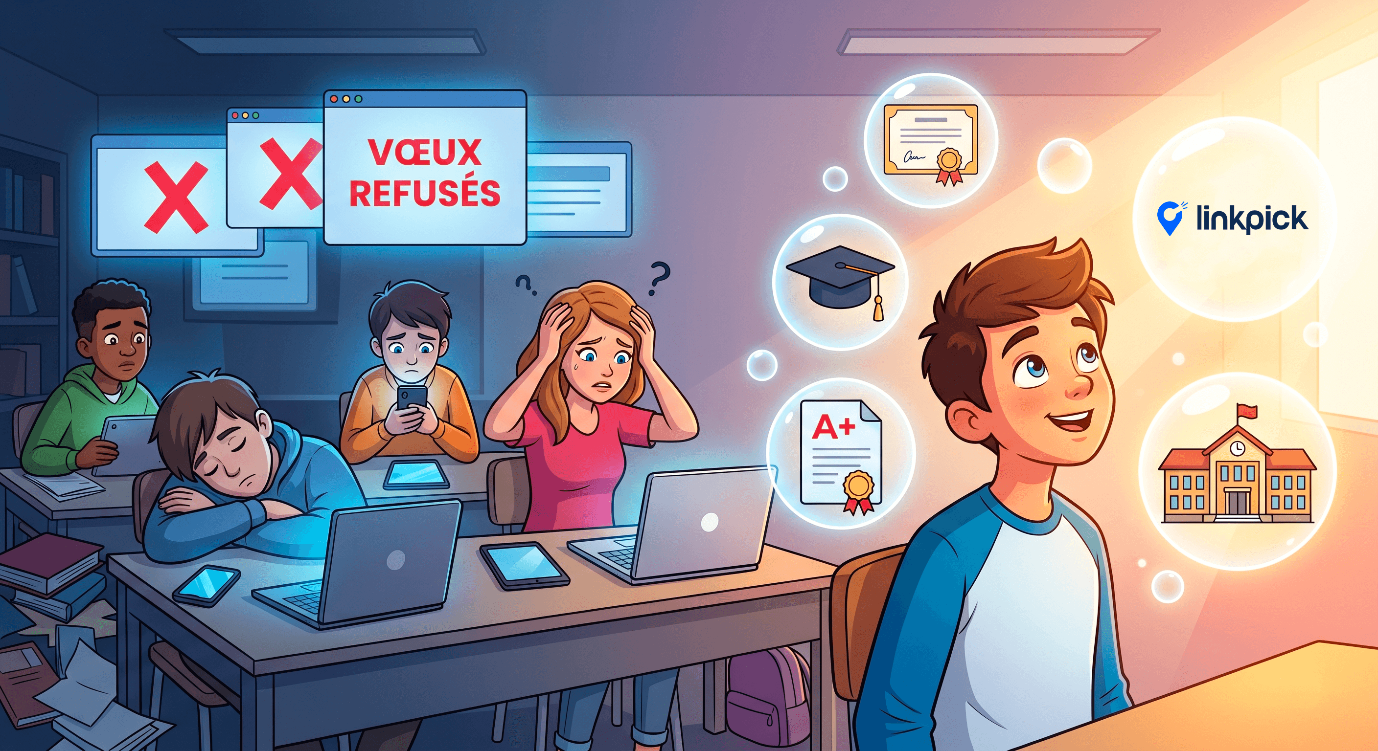Illustration vectorielle dynamique montrant un groupe d'étudiants d'origines diverses stressés et déçus par un refus de Parcoursup (écrans 'VŒUX REFUSÉS'), découvrant avec espoir des solutions alternatives comme l'alternance et le succès, représentées par des chemins de lumière multicolores brillants et des symboles de contrat d'apprentissage.