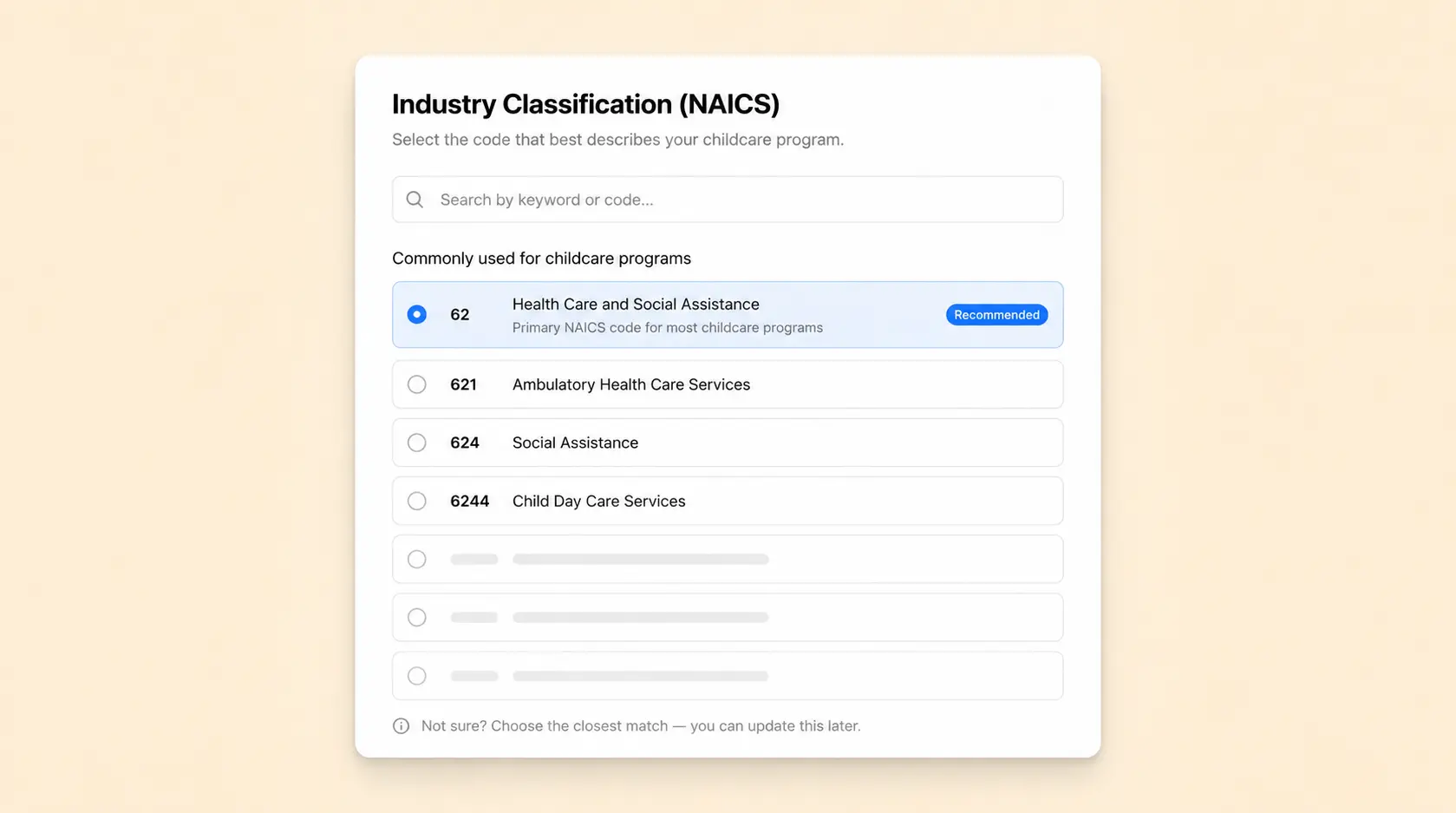 a form showing NAICS code operators