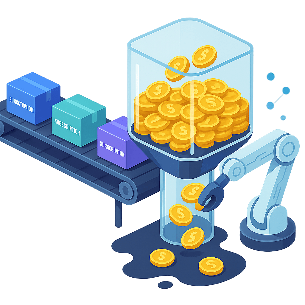 Isometric pipeline showing coins leaking from subscription revenue and an AI robotic arm retrieving them