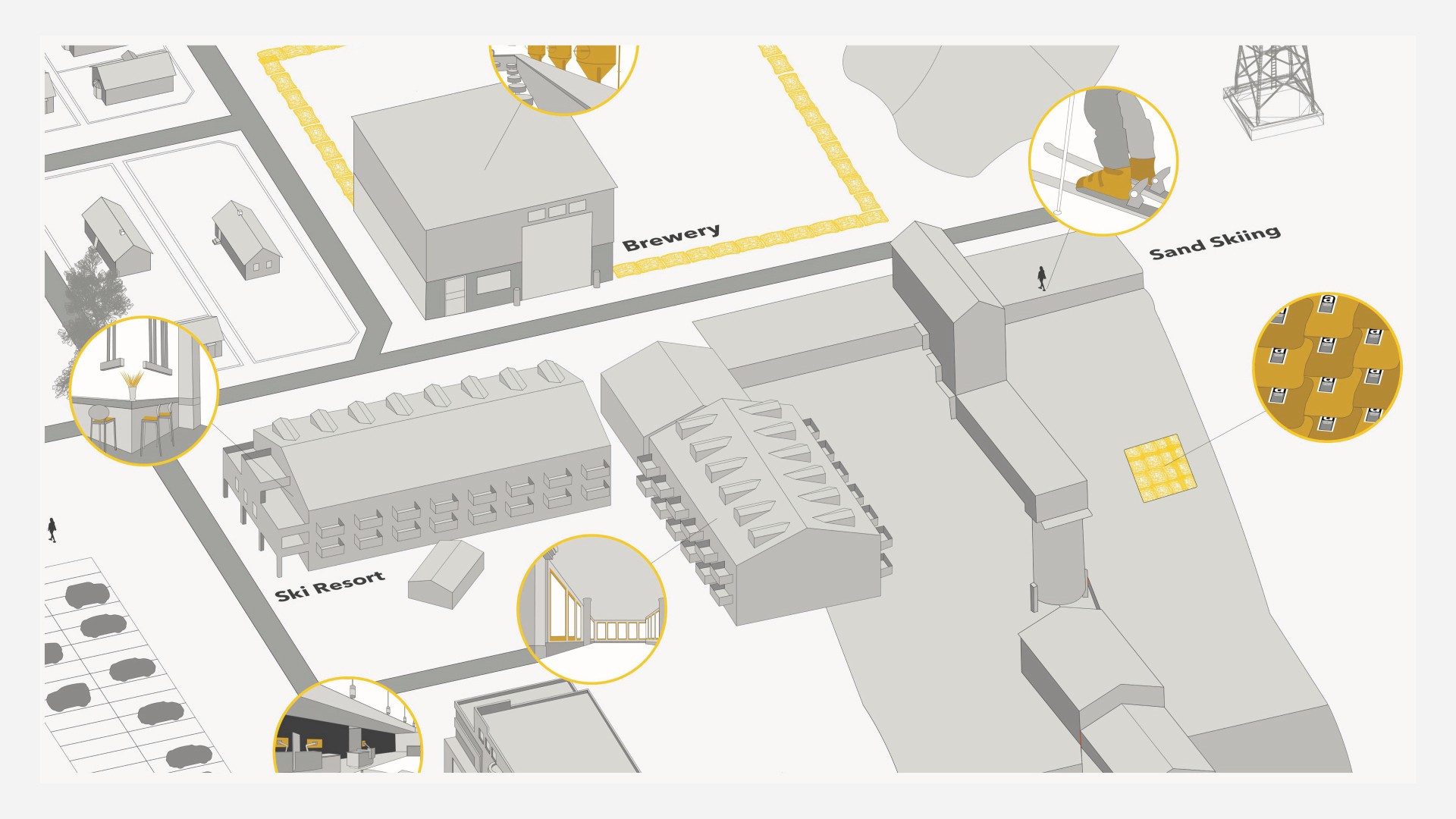 Drawing of the asbestos land showcasing the sand skii resort