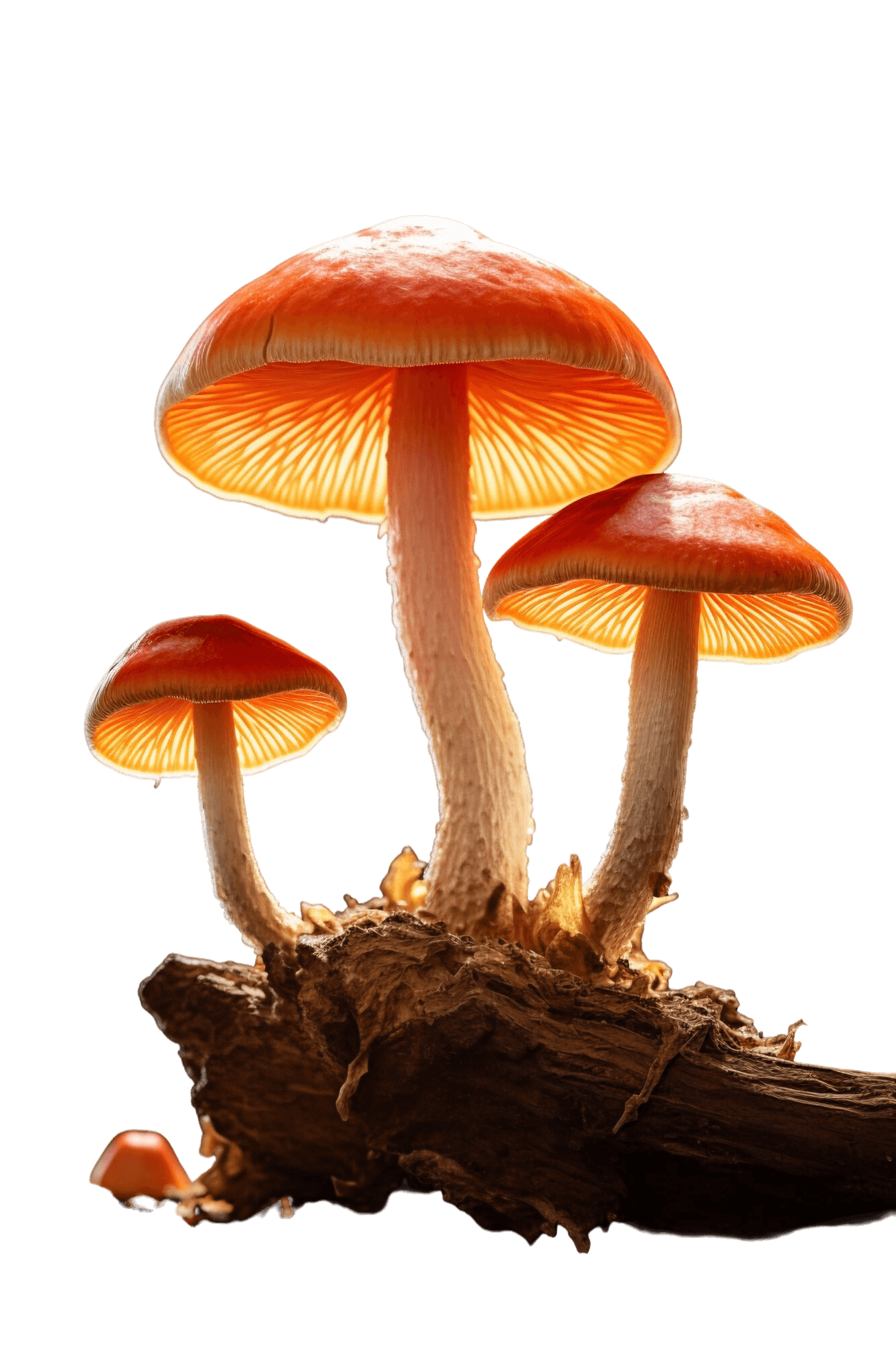 Three vibrant orange and red mushrooms against a solid black background