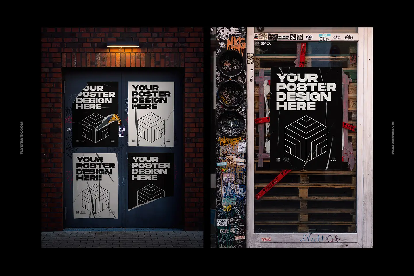 Urban poster wall mockup placed on graffiti covered street wall