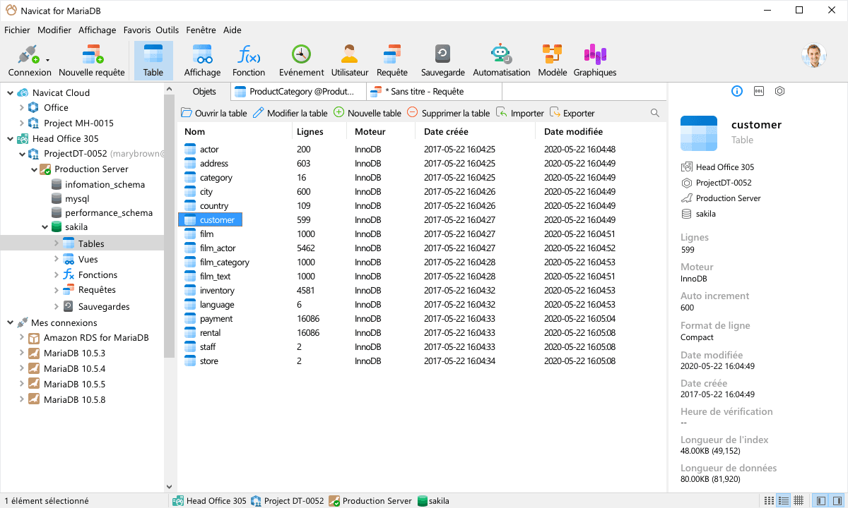 The Navicat interface showing tables information.