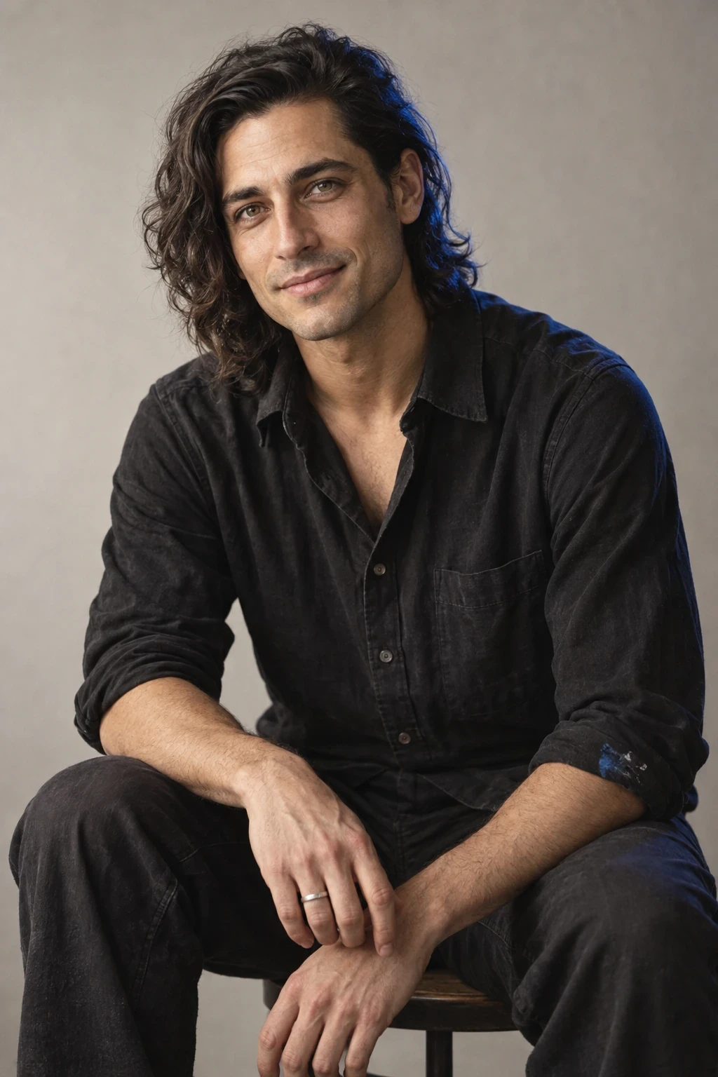Elio, D’CALOR colour artist, seated in a black shirt with wavy shoulder-length hair