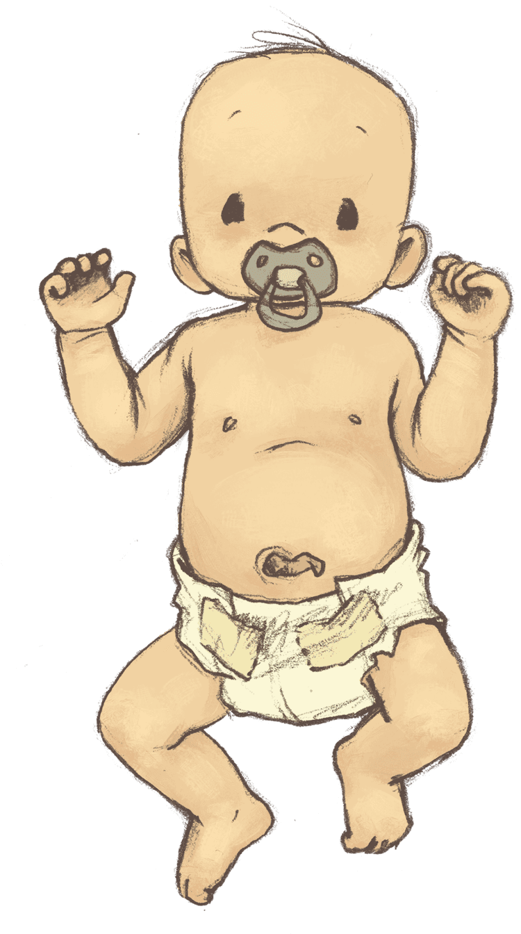 Ein gezeichnetes Baby mit Windel und einem Schnuller im Mund