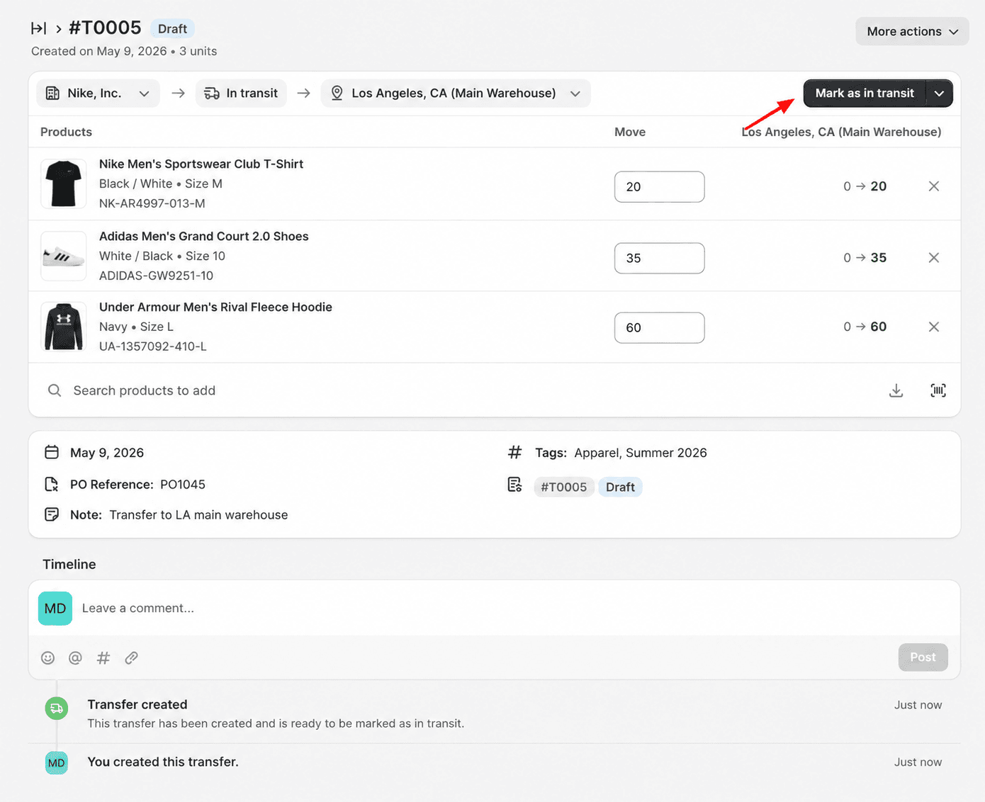 Mark as in transit in shopify