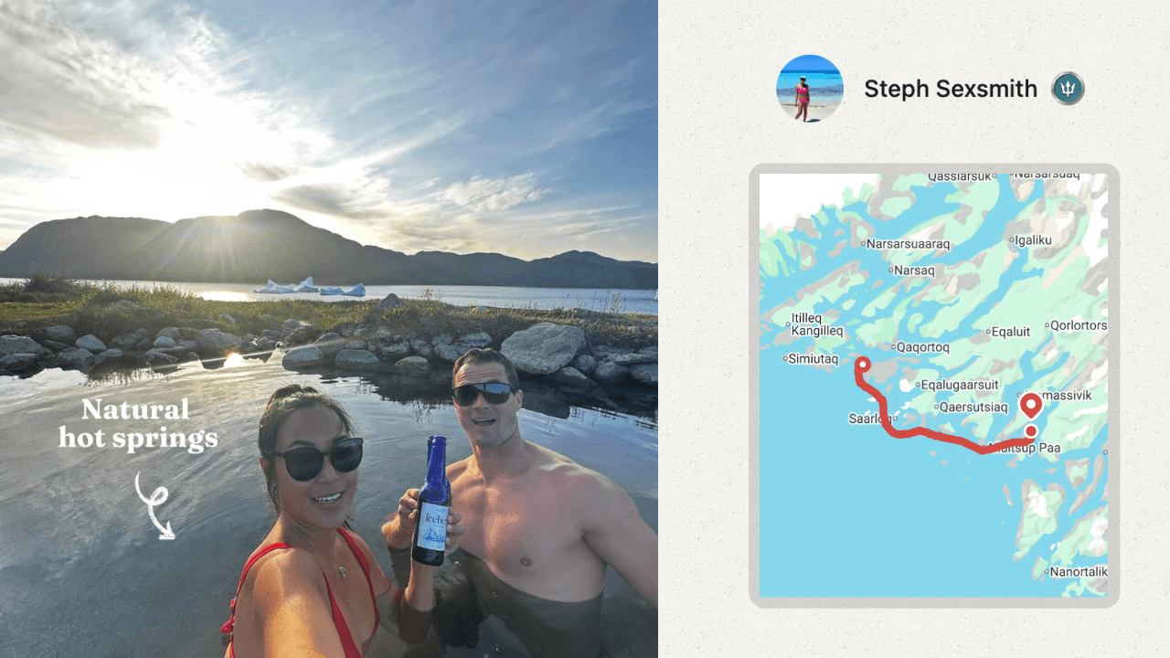 Two people enjoying the natural hot springs in Greenland