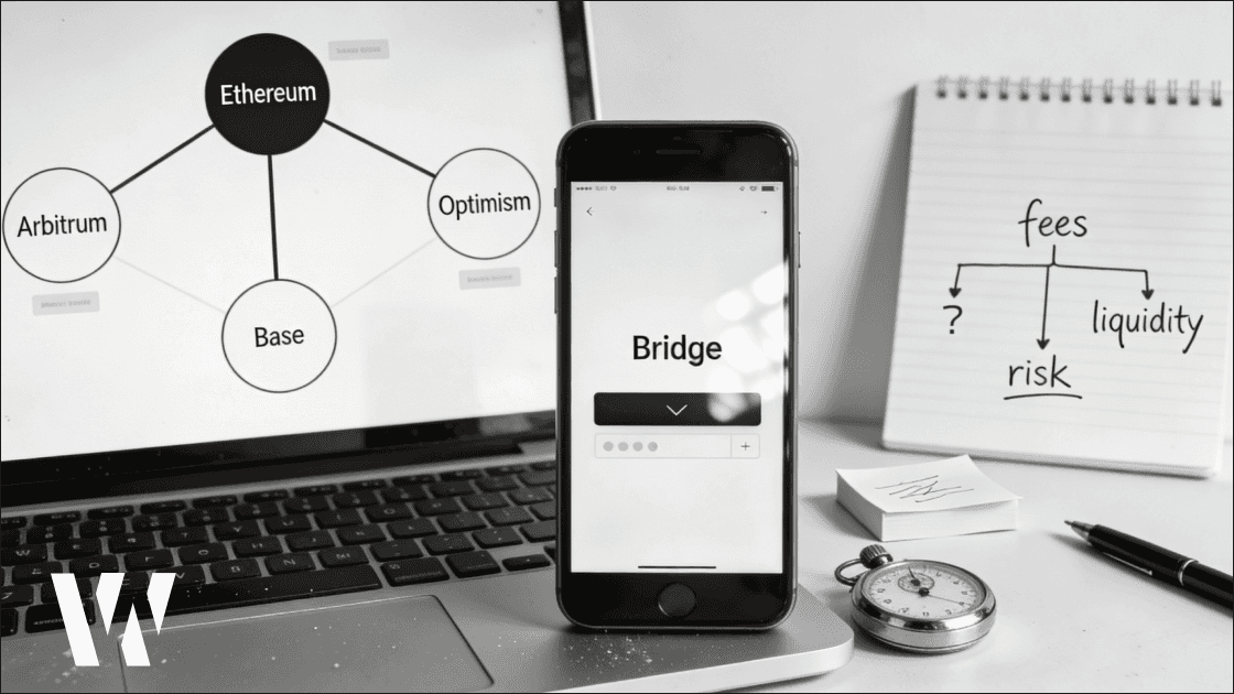 Black-and-white desk photo: laptop shows an Ethereum network map with Arbitrum, Base, and Optimism nodes; phone displays a generic “Bridge” confirmation; notepad notes fees, liquidity, risk.