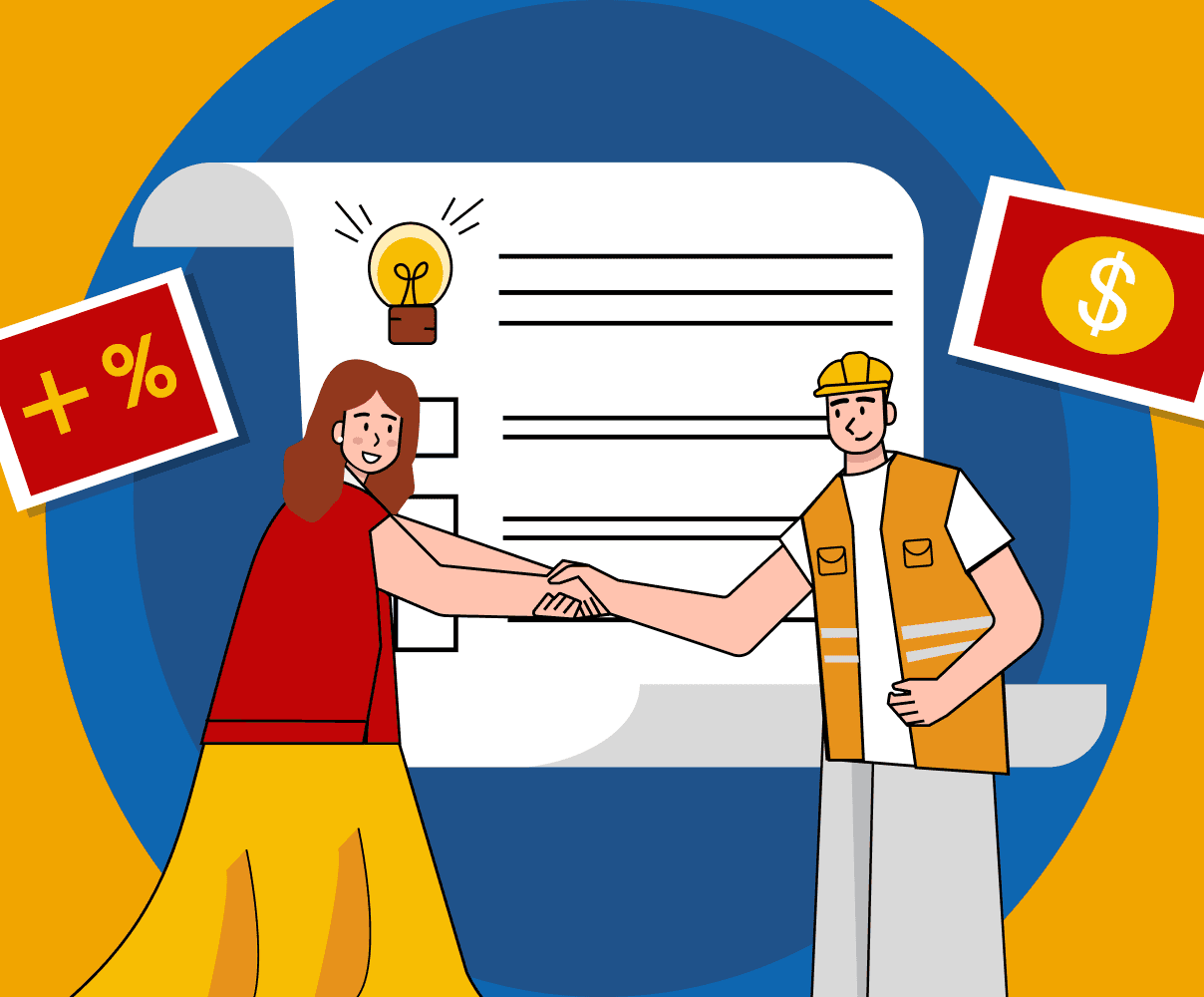 Illustration of professionals collaborating around growth metrics and agreements, representing a B2B demand and lead generation service.