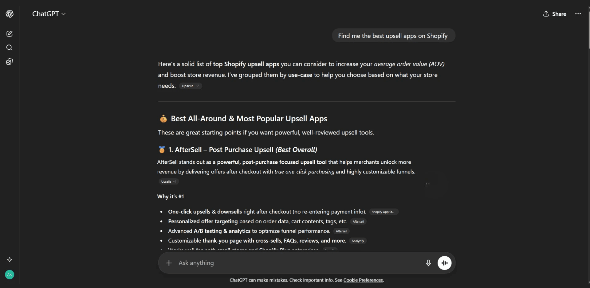 Aftersell cited as a leading post-purchase upsell solution in AI search results