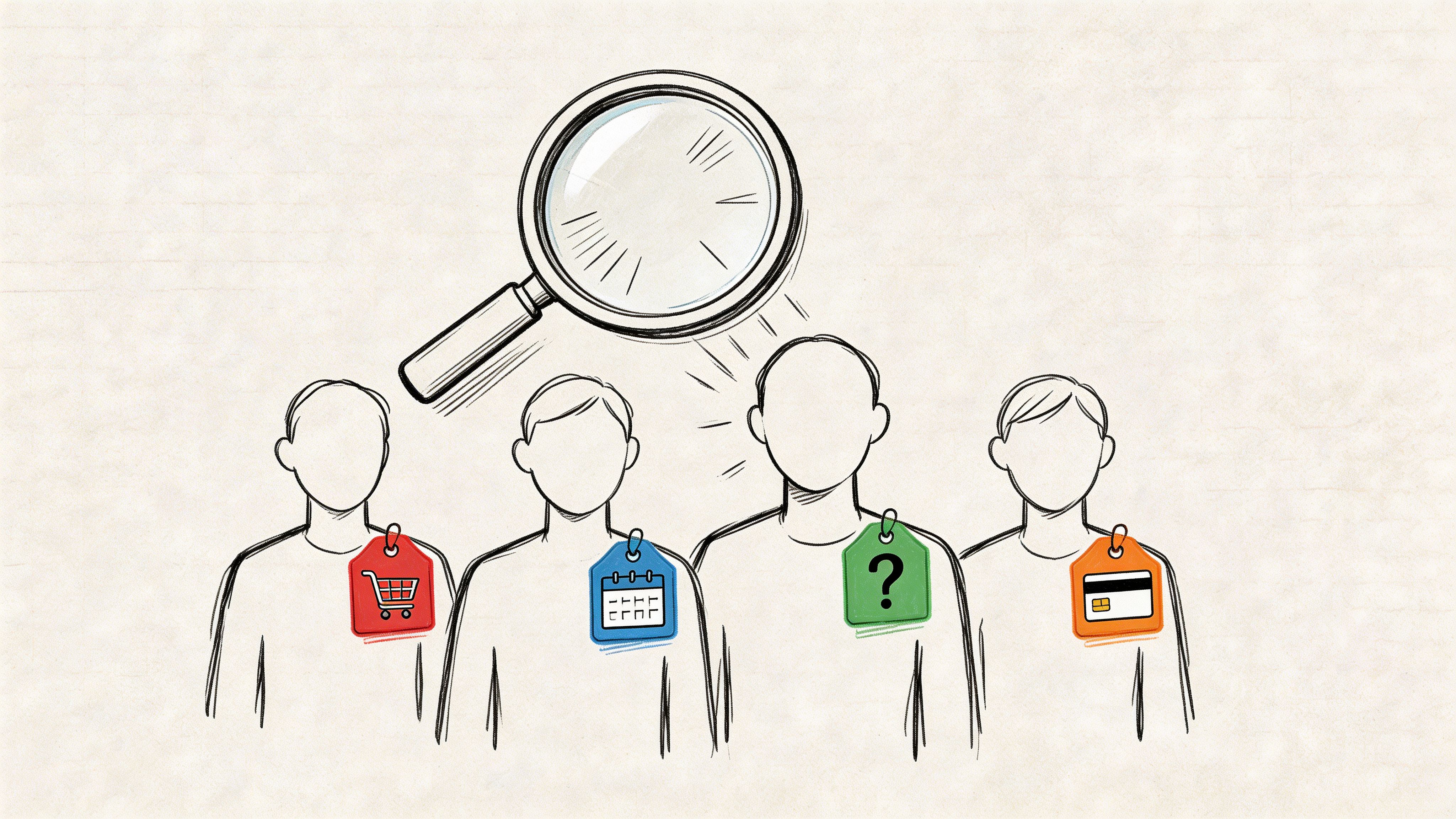 A line drawing illustration showing four people with tags representing shopping, calendar, unknown, and credit card.