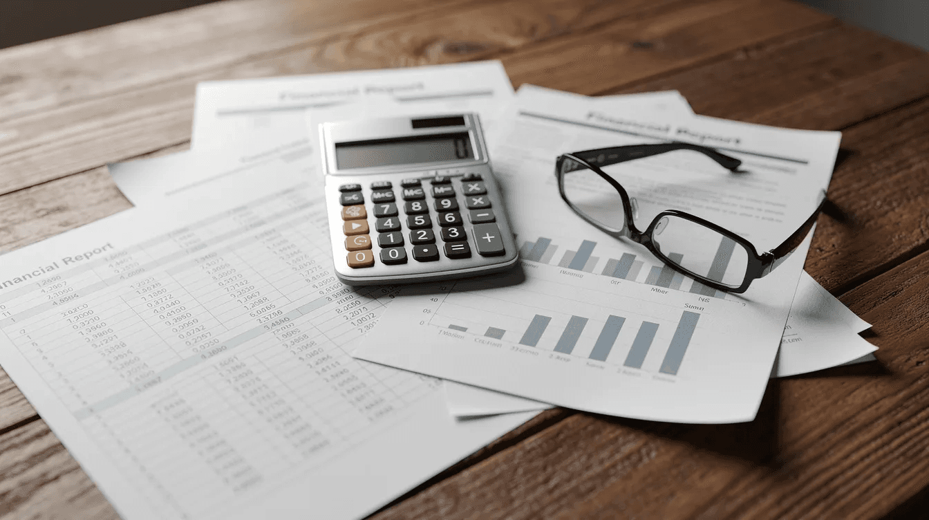 The image features a wooden desk cluttered with a calculator, reading glasses, and various financial documents, suggesting a focus on retirement income strategy and investment options. This setup reflects the importance of planning for retirement savings and managing a diversified investment portfolio.