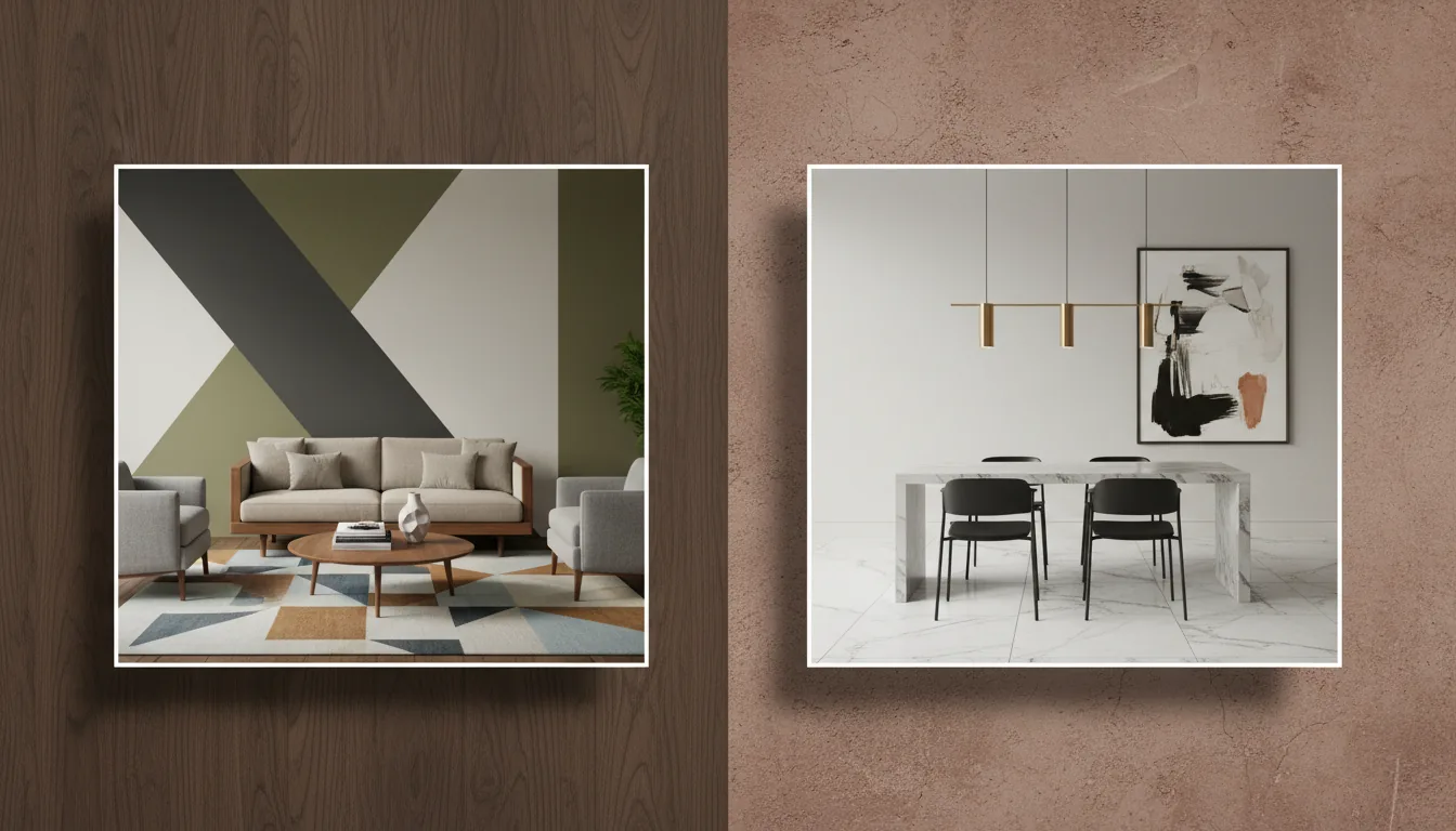 A high-resolution digital composition of two interior design mood boards, presented as a flat-lay diptych, styled as a professional Photoshop project. The background is split vertically between a dark wood grain texture on the left and a reddish-brown textured plaster on the right. The left square panel showcases a modern living room with a diagonal-patterned wall, a mid-century wooden sofa, grey minimalist armchairs, and a patterned rug. The right square panel displays a minimalist dining area with a grey marble floor, a sleek marble island table, modern black chairs, and hanging brass pendant lights. The composition is clean and graphic, with soft, even lighting and subtle drop shadows on the panels.