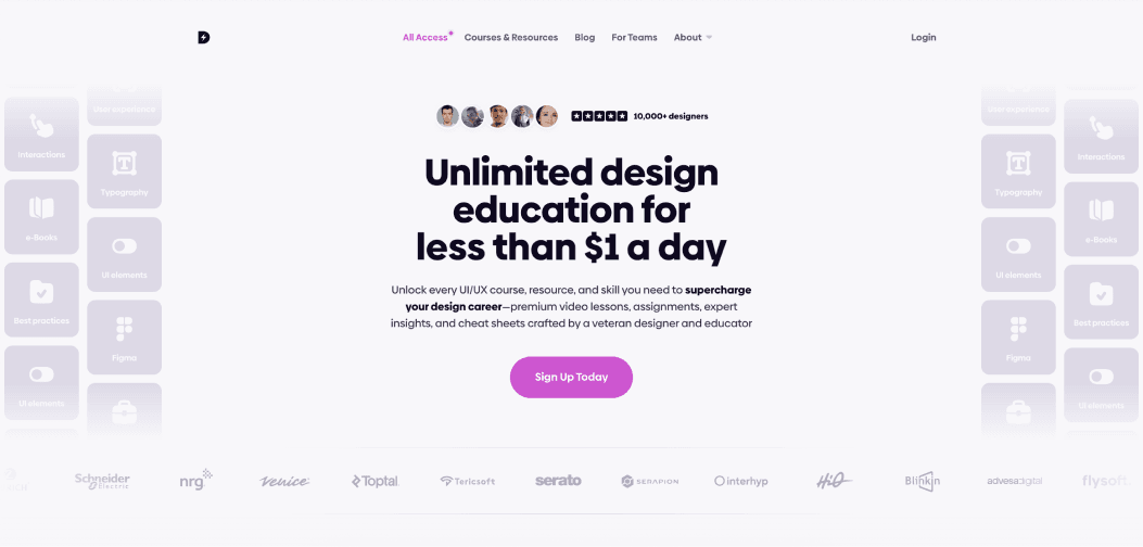 Supercharge Design homepage featuring the headline “Unlimited design education for less than $1 a day” with a purple “Sign Up Today” button and company logos displayed below.