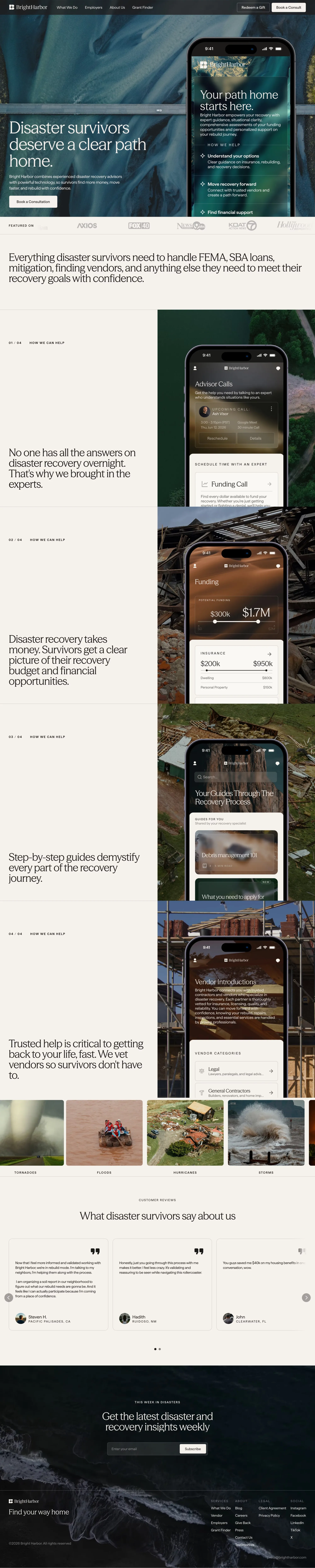 Disaster Recovery Support - Bright Harbo landing page screenshot showcasing Finance and Nature design